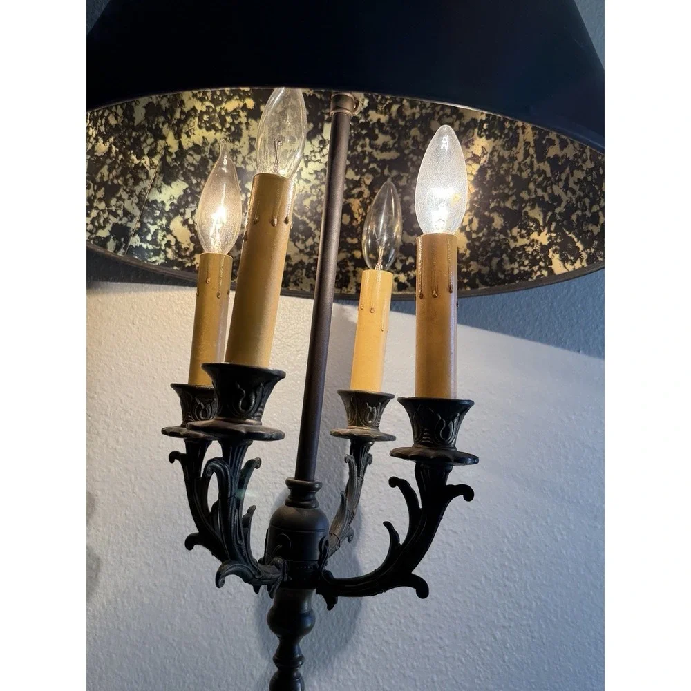 Vintage Brass Desk Table Lamp w/ Black‎ And Gold Designed Shade 4 Candle Lights
